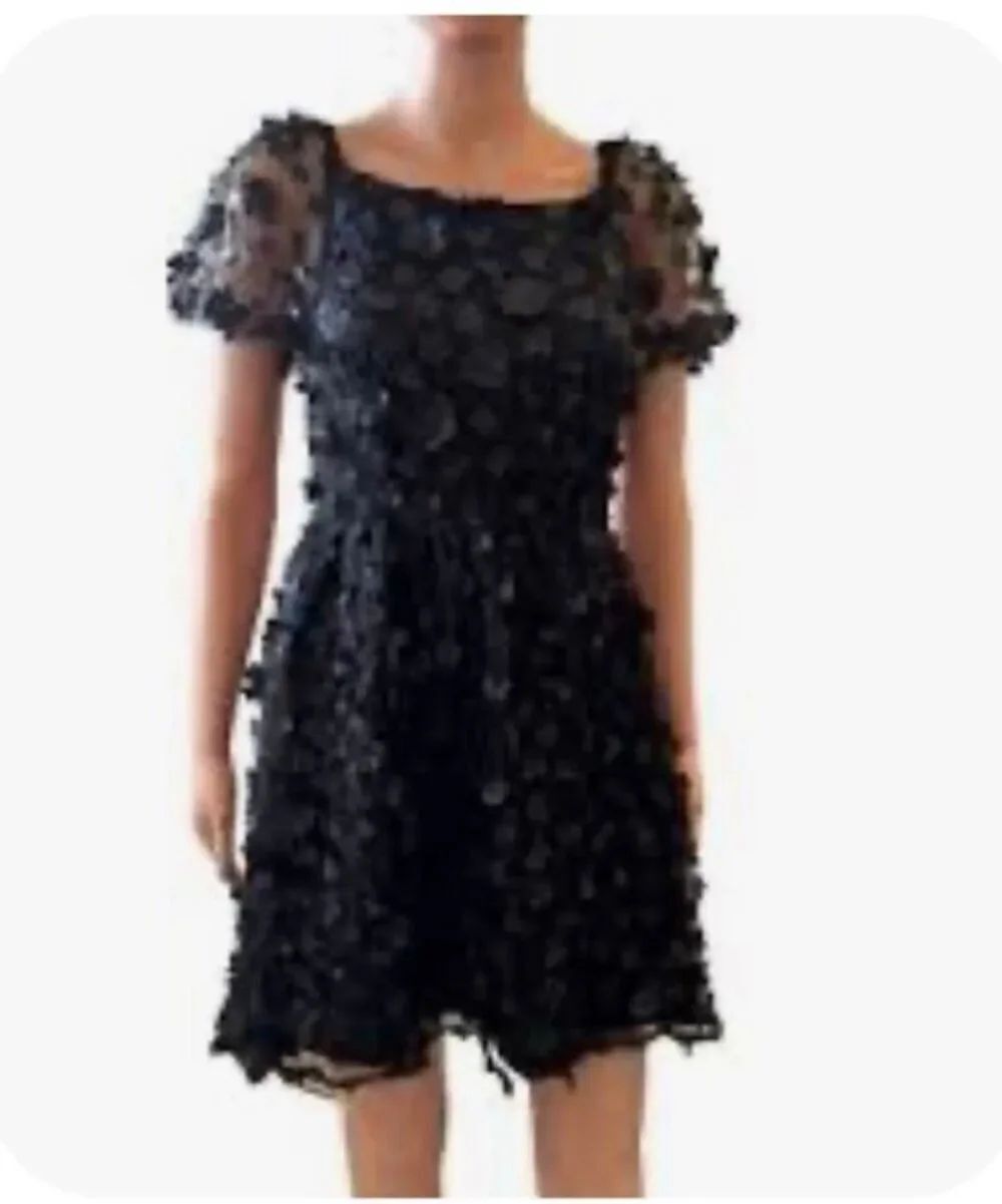 Forever 21 black babydoll mini dress with blouson sleeves gold edged petal appli